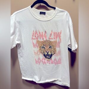Long Live Rock In Roll with tiger face graphic tee. Bright pink letters